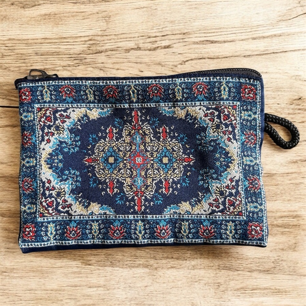 Ornate Blue and Red Woven Tapestry Coin Purse 5.5” Oriental Pattern - Picture 2 of 7
